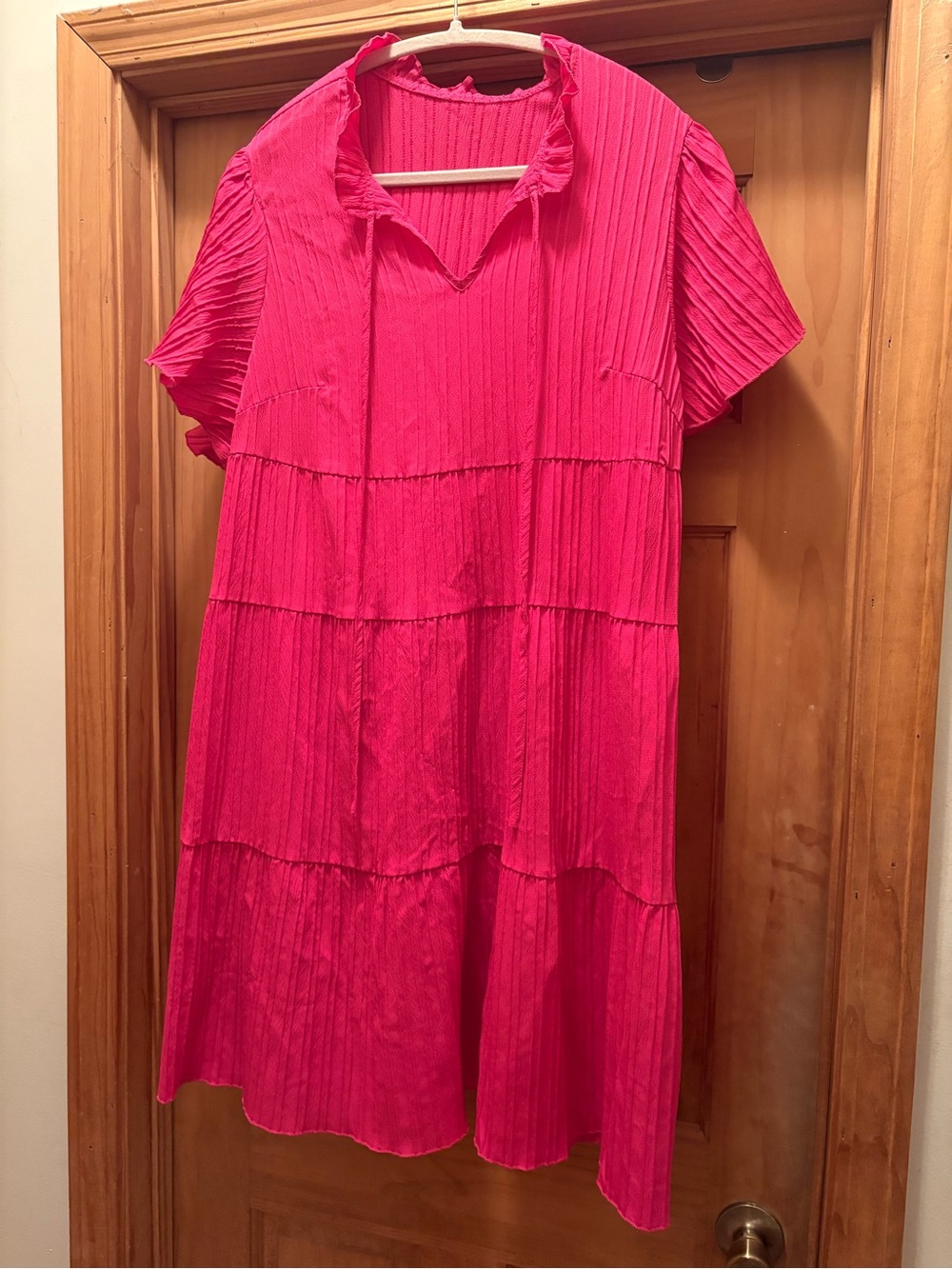 SHEIN Bright Pink Pleated Tiered Midi Dress
